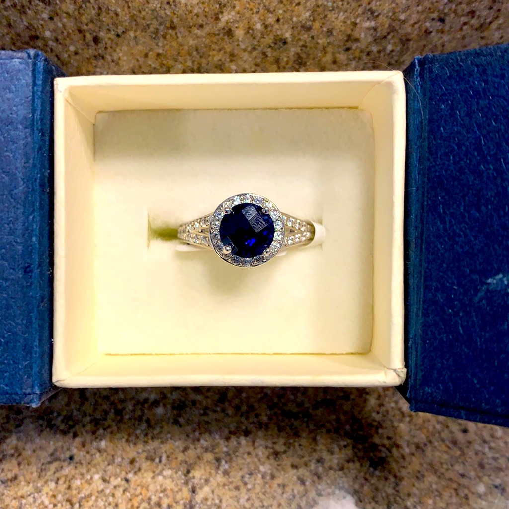 Cz And Lab Created Sapphire Halo Ring. Size 6